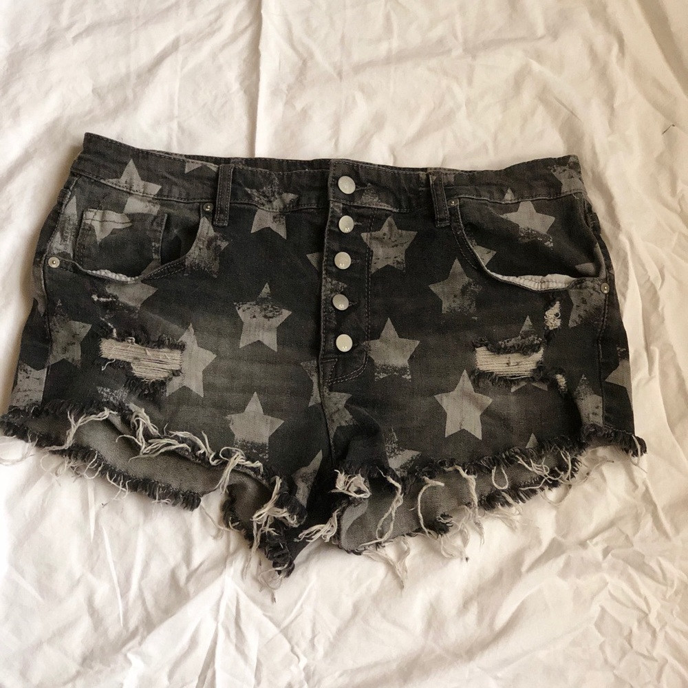 high rise denim distressed denim shorts